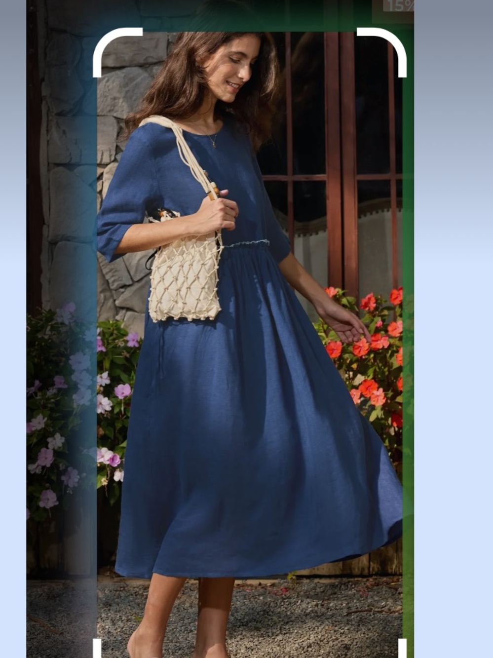 Blue Textured Midi Dress with Gathered Waist - Picture 6 of 10